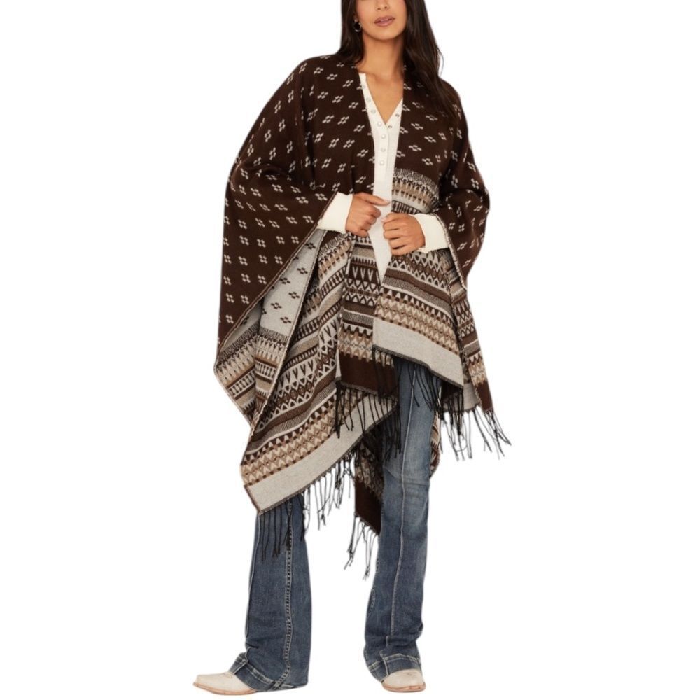 Idyllwind Southwest Eva Shawl Brown Cream Fringe One Size NWOT
